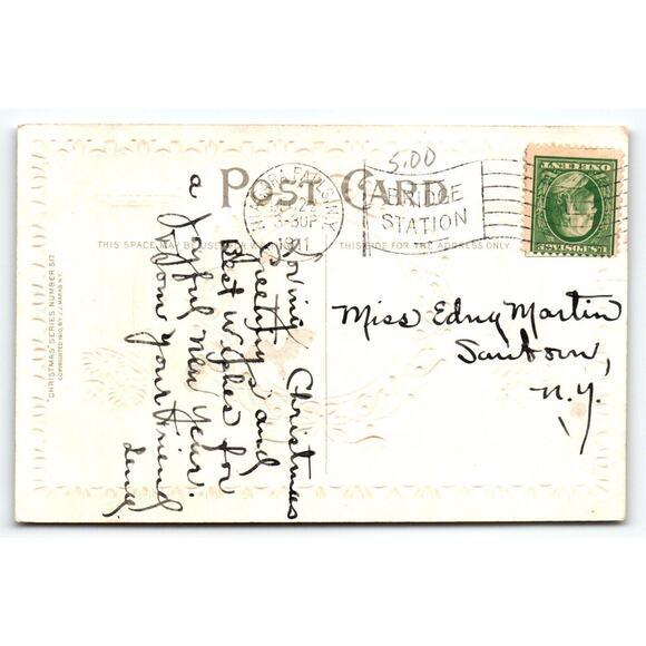 Santa Claus Christmas Postcard 1911 St. Nick Embossed Flowers Moon JJ Marks NY - Picture 2 of 2